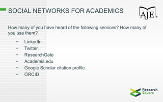 SOCIAL NETWORKS FOR ACADEMICS
How many of you have heard of the following services? How many of
you use them?
• LinkedIn
• Twitter
• ResearchGate
• Academia.edu
• Google Scholar citation profile
• ORCID
 