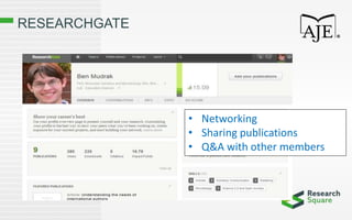 RESEARCHGATE
• Networking
• Sharing publications
• Q&A with other members
 