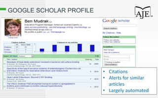 GOOGLE SCHOLAR PROFILE
• Citations
• Alerts for similar
articles
• Largely automated
 