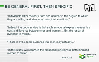 BE GENERAL FIRST, THEN SPECIFIC
“Individuals differ radically from one another in the degree to which
they are willing and able to express their emotions.”
“Indeed, the popular view is that such emotional expressiveness is a
central difference between men and women.... But the research
evidence is mixed...”
“There is even some evidence that men may actually...”
“In this study, we recorded the emotional reactions of both men and
women to filmed...”
(Bem 2003)
 