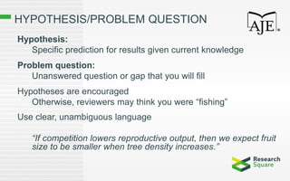 HYPOTHESIS/PROBLEM QUESTION
Hypothesis:
Specific prediction for results given current knowledge
Problem question:
Unanswered question or gap that you will fill
Hypotheses are encouraged
Otherwise, reviewers may think you were “fishing”
Use clear, unambiguous language
“If competition lowers reproductive output, then we expect fruit
size to be smaller when tree density increases.”
 