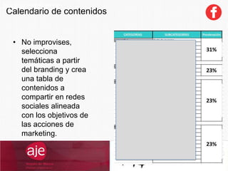 Calendario de contenidos
SocialCommerce
• No improvises,
selecciona
temáticas a partir
del branding y crea
una tabla de
contenidos a
compartir en redes
sociales alineada
con los objetivos de
las acciones de
marketing.
 