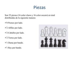 Piezas
Son 32 piezas (16 color claros y 16 color oscuro) en total
distribuidas de la siguiente manera:

8 Peones por lado.

2 Alfiles por lado.

2 Caballos por lado.

2 Torres por lado.

1 Dama por bando.

1 Rey por bando.
 