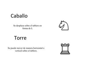 Caballo
     Se desplaza sobre el tablero en
              forma de L



      Torre
Se puede mover de manera horizontal o
       vertical sobre el tablero.
 