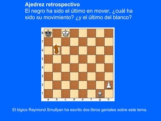 Ajedrez retrospectivo
El negro ha sido el último en mover, ¿cuál ha
sido su movimiento? ¿y el último del blanco?
El lógico Raymond Smullyan ha escrito dos libros geniales sobre este tema.
 