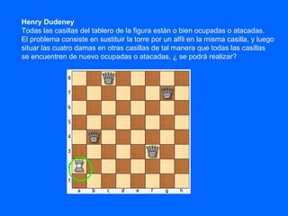 Henry Dudeney
Todas las casillas del tablero de la figura están o bien ocupadas o atacadas.
El problema consiste en sustituir la torre por un alfil en la misma casilla, y luego
situar las cuatro damas en otras casillas de tal manera que todas las casillas
se encuentren de nuevo ocupadas o atacadas, ¿ se podrá realizar?
 