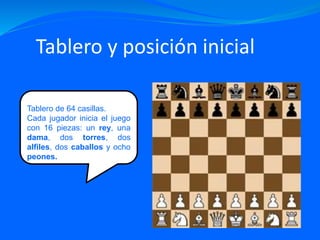 Tablero y posición inicial
El ajedrez se juega en un
Tablero de 64 casillas.
Cada jugador inicia el juego
con 16 piezas: un rey, una
dama, dos torres, dos
alfiles, dos caballos y ocho
peones.
 