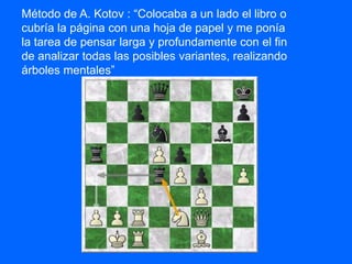Método de A. Kotov : “Colocaba a un lado el libro o
cubría la página con una hoja de papel y me ponía
la tarea de pensar larga y profundamente con el fin
de analizar todas las posibles variantes, realizando
árboles mentales”
 