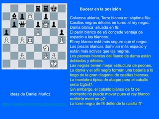 Columna abierta, Torre blanca en séptima fila.
Casillas negras débiles en torno al rey negro.
Dama blanca situada en f6.
El peón blanco de e5 concede ventaja de
espacio a las blancas.
El rey blanco está más seguro que el negro.
Las piezas blancas dominan más espacio y
están más activas que las negras.
Los peones blancos del flanco de dama están
doblados y débiles.
Las negras tienen mejor estructura de peones.
La dama y el alfil negro forman una batería a lo
largo de la gran diagonal de casillas blancas.
La maniobra típica de ataque para el caballo
sería Cg5xf7.
Sin embargo, el caballo blanco de f3 de
momento no puede mover pues el rey blanco
recibiría mate en g2.
La torre negra de f8 defiende la casilla f7.
Ideas de Daniel Muñoz
https://www.elmetodozugzwang.com/
Bucear en la posición
 