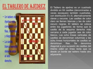 El Tablero de ajedrez es un cuadrado
dividido en 64 casillas (denominadas a
veces escaques) también cuadradas,
con distribución 8 x 8, alternativamente
claras y oscuras. Las casillas de color
claro se llaman blancas y las de color
oscuro negras. El tablero se coloca
entre los jugadores de forma que la
casilla de la esquina derecha más
cercana a cada jugador sea de color
blanco, Las ocho líneas verticales de
casillas se denominan columnas y las
ocho líneas horizontales de casillas se
denominan filas. Se denomina
diagonal a una sucesión de casillas del
mismo color en línea recta que va
desde un borde del tablero hasta otro
adyacente.
 