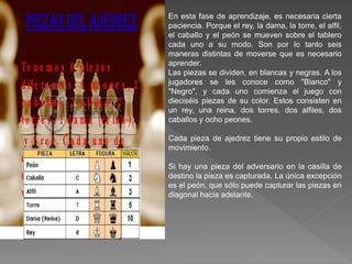 En esta fase de aprendizaje, es necesaria cierta
paciencia. Porque el rey, la dama, la torre, el alfil,
el caballo y el peón se mueven sobre el tablero
cada uno a su modo. Son por lo tanto seis
maneras distintas de moverse que es necesario
aprender.
Las piezas se dividen, en blancas y negras. A los
jugadores se les conoce como "Blanco" y
"Negro", y cada uno comienza el juego con
dieciséis piezas de su color. Estos consisten en
un rey, una reina, dos torres, dos alfiles, dos
caballos y ocho peones.
Cada pieza de ajedrez tiene su propio estilo de
movimiento.
Si hay una pieza del adversario en la casilla de
destino la pieza es capturada. La única excepción
es el peón, que sólo puede capturar las piezas en
diagonal hacia adelante.
 