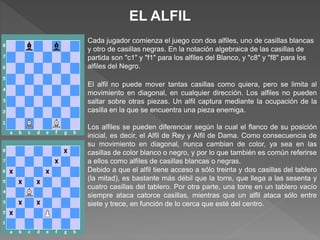 EL ALFIL
Cada jugador comienza el juego con dos alfiles, uno de casillas blancas
y otro de casillas negras. En la notación algebraica de las casillas de
partida son "c1" y "f1" para los alfiles del Blanco, y "c8" y "f8" para los
alfiles del Negro.
El alfil no puede mover tantas casillas como quiera, pero se limita al
movimiento en diagonal, en cualquier dirección. Los alfiles no pueden
saltar sobre otras piezas. Un alfil captura mediante la ocupación de la
casilla en la que se encuentra una pieza enemiga.
Los alfiles se pueden diferenciar según la cual el flanco de su posición
inicial, es decir, el Alfil de Rey y Alfil de Dama. Como consecuencia de
su movimiento en diagonal, nunca cambian de color, ya sea en las
casillas de color blanco o negro, y por lo que también es común referirse
a ellos como alfiles de casillas blancas o negras.
Debido a que el alfil tiene acceso a sólo treinta y dos casillas del tablero
(la mitad), es bastante más débil que la torre, que llega a las sesenta y
cuatro casillas del tablero. Por otra parte, una torre en un tablero vacío
siempre ataca catorce casillas, mientras que un alfil ataca sólo entre
siete y trece, en función de lo cerca que esté del centro.
 