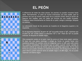 EL PEÓN
A diferencia de todas las otras piezas, los peones no pueden moverse hacia
atrás. Normalmente, un peón se mueve avanzando una sola casilla, pero la
primera vez que se mueve cada peón de su posición inicial, tiene la opción de
avanzar dos casillas, pero sin saltar por encima de una casilla ocupada.
Cualquier pieza directamente en frente de un peón, amiga o enemiga, bloquea
su avance.
La colocación inicial de los peones se muestra en el diagrama superior a la
izquierda.
En el siguiente diagrama, el peón de "g4" se puede mover a "g5", mientras que
el peón de "d2" puede pasar a cualquiera "d3" o "d4". Peón de "c6" no puede
avanzar, le bloquea el caballo negro.
Otra excepción existe en el peón: que no come en línea recta según camina.
Si topa con una pieza enemiga o amiga de frente no puede hacer sino
quedarse parado. En cambio come en diagonal, como un alfil, pero sólo sobre
los cuadros inmediatos. De manera que un peón, cuando come, cambia la
columna vertical en que se movía, por la de la pieza capturada. Es la única
forma en que puede cambiar su columna de avance. En el diagrama inferior, el
peón blanco puede capturar tanto el caballo negro o el alfil negro. No se puede
capturar a la Dama negra.
 