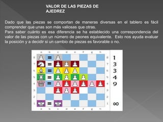 VALOR DE LAS PIEZAS DE
AJEDREZ
Dado que las piezas se comportan de maneras diversas en el tablero es fácil
comprender que unas son más valiosas que otras.
Para saber cuánto es esa diferencia se ha establecido una correspondencia del
valor de las piezas con un número de peones equivalente. Esto nos ayuda evaluar
la posición y a decidir si un cambio de piezas es favorable o no.
 