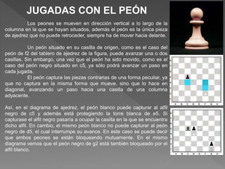 JUGADAS CON EL PEÓN
Los peones se mueven en dirección vertical a lo largo de la
columna en la que se hayan situados, además el peón es la única pieza
de ajedrez que no puede retroceder, siempre ha de mover hacia delante.
Un peón situado en su casilla de origen, como es el caso del
peón de f2 del tablero de ajedrez de la figura, puede avanzar una o dos
casillas. Sin embargo, una vez que el peón ha sido movido, como es el
caso del peón negro situado en c5, ya sólo podrá avanzar un paso en
cada jugada.
El peón captura las piezas contrarias de una forma peculiar, ya
que no captura en la misma forma que mueve, sino que lo hace en
diagonal, avanzando un paso hacia una casilla de una columna
adyacente.
Así, en el diagrama de ajedrez, el peón blanco puede capturar al alfil
negro de c5 y además está protegiendo la torre blanca de e5. Si
capturase el alfil negro pasaría a ocupar la casilla en la que se encuentra
dicho alfil. En cambio, el mismo peón blanco no puede capturar al peón
negro de d5, el cual interrumpe su avance. En este caso se puede decir
que ambos peones se están bloqueando mutuamente. En el mismo
diagrama vemos que el peón negro de g2 está también bloqueado por el
alfil blanco.
 