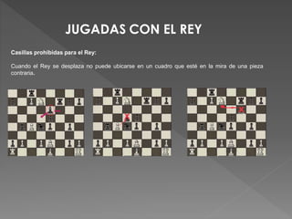 Casillas prohibidas para el Rey:
Cuando el Rey se desplaza no puede ubicarse en un cuadro que esté en la mira de una pieza
contraria.
 