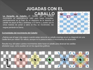 JUGADAS CON EL
CABALLOLa Horquilla de Caballo: El Caballo por su extraño
movimiento es especialmente hábil para hacer horquillas,
particularmente en el final. En el diagrama de la derecha el
caballo da jaque al Rey y amenaza a la Dama y, puesto que la
única manera de poner a salvo el Rey es moviéndolo, las
negras perderán la Dama.
Curiosidades del movimiento del Caballo:
¿Sabías que el lugar más seguro cuando estas cerca de un caballo enemigo es en su diagonal con una
casilla libre por medio? En efecto, aunque no lo parezca está a 4 movimientos de alcanzarte.
Resulta muy útil saber cuántos movimientos debe hacer el caballo para alcanzar las casillas
alrededor suyo, como puedes ver en los siguientes gráficos:
 