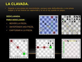 LA CLAVADA.
• Dejarle a una pieza sin movimiento, porque esta defendiendo a una pieza
mayor y si se mueve es capturada y si es el rey queda en jaque.
DESCLAVADA.
PARA DESCLAVAR:
• MOVER LA PIEZA.
• ANTEPONER UNA PIEZA.
• CAPTURAR A LA PIEZA.
 