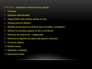 TÁCTICA.- utilización correcta de las piezas.
1. Clavada.
2. Destape (desclavada).
3. Jaque doble (dos piezas atacan al rey).
4. Ataque peones débiles.
5. Debilita el enroque (no permite que se realice, amagado).
6. Destruir el enroque (atacar al rey o a la torre).
7. Dominar las columnas – diagonales.
8. Dominar la séptima fila (para dar jaque o coronar).
9. Encerrar piezas.
10. Doblar torres.
11. Dobletes o tripletas.
12. Aperturas líneas.
 