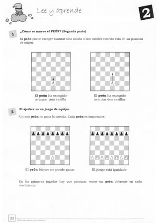 lJ
él
2
Lee tJ {;1-pveV-de
¿Cómo se mueve el PEÓN? (Segunda parte)
El peón puede escoger avanzar una casilla o dos casilles cuando está en su posición
de origen.
El peón ha escogido
avanzar una casilla
El ajedrez es un juego de equipo.
El peón ha escogido
avanzar dos casillas
Un solo peón no gana la partida. Cada peón es importante.
El peón blanco no puede ganar El juego está igualado
En las primeras jugadas hay que procurar mover un peón diferente en cada
movimiento.
 