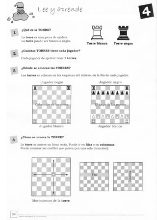 lJ
t3
2.
3
4
Lee tJ Clprev'de
¿Qué es la TORRE?
La torre es una pieza de ajedrez.
La torre puede ser blanca o negra.
¿Cuántas TORRES tiene cada jugador?
Cada jugador de ajedrez tiene 2 torres.
¿Dónde se colocan las TORRES?
Torre blanca Torre negra
Las torres se colocan en las esquinas del tablero, en la fila de cada jugador.
Jugador negro Jugador negro
Jugador blanco Jugador blanco
¿Cómo se mueve la TORRE?
La torre se mueve en línea recta. Puede ir en filas o en columnas.
Puede avanzar las casillas que quiera (¡en una sola dirección!).
Movimientos de la torre
 