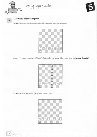 tJ
l3
3
La TORRE necesita espacio.
La torre no se puede mover si está atrapada por sus peones.
Ahora creamos espacio. ¿Cómo? ¡Quitando un peón! ¡Hacemos una columna abierta!
¡La torre tiene espacio! ¡Se puede mover bien!
 