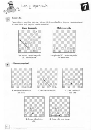 lJ
éJ
3
4
CJ
a
Desarrollo.
Lee tJ ¡;;¡-preV,c;(e
Desarrollar es movilizar peones y piezas. Si desarrollas bien, jugarás con comodidad.
Si desarrollas mal, jugarás con incomodiqad.
Buen desarrollo Mal desarrollo
Las piezas tienen espacio. Las piezas NO tienen espacio.
NO se estorban. Se estorban.
¿ Cómo desarrollar?
1. Ocupa el centro con
un peón.
2. Desarrolla un alfil. 3. Abre camino al
otro alfil.
4. Desarrolla el otro
alfil.
5. Desarrolla una torre.
~~.~------------------------------­L.:J Ajuh'a Fara plq.te,$ 11 sU.s ~c""",to"'~
 