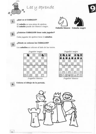 2
4
¿Qué es el CABALLO?
El caballo es una pieza de ajedrez.
El caballo puede ser blanco o negro.
¿ Cuántos CABALLOS tiene cada jugador?
Cada jugador de ajedrez tiene 2 caballos.
¿Dónde se colocan los CABALLOS?
Los caballos se colocan alIado de las torres.
Jugador negro
Jugador blanco
Colorea el dibujo de la portada.
Caballo blanco Caballo negro
Jugador negro
Jugador blanco
~~------~-------------------------------------. . " .- .. ,. .... .... "....;..,,"',c:;.
 