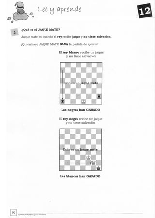 tJ
él
3
C3
a
Lee tj c¡-pre~de
¿Qué es el JAQUE MATE?
Jaque mate es cuando el rey recibe jaque y no tiene salvación.
¡Quien hace JAQUE MATE GANA la partida de ajedrez!
El rey blanco recibe un jaque
y no tiene salvación
Las negras han GANADO
El rey negro recibe un jaque
y no tiene salvación
Las blancas han GANADO
~~. ~--------~----------------------------------------------­~ AJtdyez PQyQ J>t<.wes !j sws "<D",tOYes
 