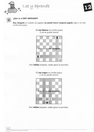 ¿Qué es el REY AHOGADO?
Rey ahogado es cuando un jugador no puede hacer ninguna jugada legal y no está
recibiendo jaque.
El rey blanco no recibe jaque
y no se puede mover
Son tablas (empate, nadie gana la partida).
El rey negro no recibe jaque
y no se puede mover
Son tablas (empate, nadie gana la partida).
~~.~------------------------------­L:J AJed"2 paya ptq«~ tJ ~«S "'-O.....tDy~
 