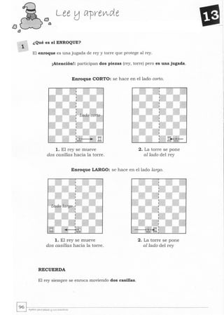 tJ
t3
Lee UCl-prev'de
¿Qué es el ENROQUE?
El enroque es una jugada de rey y torre que protege al rey.
¡Atención!: participan dos piezas (rey, torre) pero es una jugada.
Enroque CORTO: se hace en el lado corto.
1. El rey se mueve
dos casillas hacia la torre.
2. La torre se pone
al lado del rey
Enroque LARGO: se hace en el lado largo.
1. El rey se mueve
dos casillas hacia la torre.
RECUERDA
El rey siempre se enroca moviendo dos casillas.
2. La torre se pone
al lado del rey
 