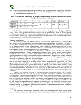 33
33
Ho2: There is no significant difference between the teachers with low and high levels of educational qualification
with regard to their attitude towards the use of creative teaching methods in the teaching of Social Studies
in Port Harcourt Local Government Area.
Table 4: t-Test analysis of differences in the attitude of teachers towards the use of creative teaching methods
based on their educational qualifications
Qualification N X Sd Df Tcal. Tcrit. Decision
Low level of
qualification
51 24.07 0.83
118 1.40 1.98 Not significant
Low level of
qualification
69 24.28 0.79
Table 4 shows that a t-test analysis of the data at 0.05 level of significance and 118 degrees of freedom
yielded a critical t-value of 1.98 and a calculated t-value of 1.40. The inference is that though the teachers with high
level of educational qualification were more positively disposed towards the use of creative teaching methods in the
teaching of Social Studies, there was no significant difference when their mean score was compared with that of
their counterparts with low level of educational qualification.
Discussion of the Results
It was found that both male and female primary school teachers in Port Harcourt Local Government Area
had a negative attitude towards the use of creative teaching methods in the teaching of Social Studies. This finding is
similar to that of Ude (2008) who found that male and female primary school teachers had negative opinion towards
the use of creative teaching methods in the teaching of Primary Science at Awka Municipal. Majority of the male
and female primary school teachers in Port Harcourt Local Government Area were of the view that the use of
creative teaching methods was cumbersome, energy and time-demanding.
It was found that teachers with low level of educational qualification as well as teachers with high level of
educational qualification had a negative attitude towards the use of creative teaching methods in the teaching of
Social Studies. This finding agrees with that of Ude (2008) who found that teachers’ levels of education influenced
their opinions towards the use of creative teaching methods in the teaching of Primary Science at Awka Municipal.
The teachers irrespective of their educational qualifications were of the view that applying creative teaching
methods in the classroom is cumbersome and time-consuming.
It was also found that there was no significant difference between male and female primary school teachers
based on their attitude towards the use of creative teaching methods in the teaching of Social Studies. This finding
agrees with that of Nwokolo (2011) who found that there was no significant gender difference in the impact of
creative teaching methods on the academic achievements of primary school pupils in Social Studies at Enugu
Metropolis. This finding of no significant differences in the attitude of primary school teachers towards the use of
creative teaching methods in the teaching of Social Studies may be explained from the fact that both male and
female teachers had the impression that the use of creative teaching methods was cumbersome, energy and time-
demanding.
Again, it was found that there was no significant difference between the teachers with low level of
educational qualifications and those with high level of educational qualifications in reference to their attitude
towards the use of creative teaching methods in the teaching of Social Studies. This finding was in line with that of
Ude (2008) who found that significant difference did not exist between teachers with a low level of education and
those with a high level of education in terms of their opinions towards the use of creative teaching methods in the
teaching of Primary Science to primary school pupils at Awka Municipal. The reason why significant difference did
not exist between teachers with low level of education and those with high level of education in reference to their
attitude towards the use of creative teaching methods in the teaching of Social Studies was that these two categories
of teachers felt that the application of creative teaching methods in everyday classroom instructions was tedious,
cumbersome, energy and time-demanding.
Conclusion
The conclusions drawn from this study are as follows; male and female primary school teachers in Port
Harcourt Local Government Area had a negative attitude towards the use of creative teaching methods in the
African Journal of Education and Developmental Studies. Vol. 9., No. 1, June, 2012
 