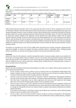 40
HO4: There is no significant relationship between supervisory strategies and quality assurance of private secondary schools in
Kwara State.
Table 4: supervisory strategies and quality assurance of private secondary schools in Kwara state.
Variables No. X Sd Df Calculated
r-value
Critical
r-value
Decision
Teachers
salaries
630 47.6 38.3
988 .58 .196 Ho rejectedQuality
assurance
630 60.26 7.72
Table 4 indicates that the calculated r-value of .58 is greater than the critical r-value of .196 at a significance level of .05 and
for 988 degree of freedom, hence the null hypothesis which states that there is no significant relationship between supervisory
strategies and quality assurance is however rejected. It however shows that high positive significant relationship exist between
the type of supervisory strategies and quality assurance of Kwara State private secondary schools. The result also indicates that
the supervisory strategies adopted by the proprietors and the principals have high significant impacts with the quality
assurance of private secondary schools the result however shows that the proprietors have a close monitoring of the teachers
while at work they dictate the way the teachers will perform their jobs. The teachers are closely monitored to see that they
comply with the directives. Failure to comply means that they should be terminated from the work. The supervisory strategies
adopted have significant impacts on the teachers job performance which eventually aid effective quality assurance of private
secondary schools.
The finding was supported by the work of Tuoyo (2000) which opined that private secondary proprietors adopted autocratic
supervisory strategies to monitor the teachers Job during curriculum delivery, examination ethics, Teaching-Learning
processes and all those activities that will aid quality assurance of the instructions provided in the schools.
Conclusion
Based on the of result of data collected, it could be concluded that teachers’ in private secondary schools are not satisfied with
the job due to the meager salaries and poor condition of service. the research study discovered that teachers perform their
duties rigorously because of the conditions of service and the supervisory strategies adopted by the proprietors. It was noted
both the conditions of service and the supervisory strategies become interplay factors for enhancing quality assurance in
private secondary schools in Kwara State.
Recommendations
Based on the result of findings the following recommendations were made so as to enhance effective quality assurance in the
private schools educational system.
• Private secondary schools teachers conditions of service should be improved. The proprietors should improve their
teachers; conditions of service in order to reduce high rate of teachers turn over in the private secondary schools and
in interest of enhancing stable teachers for quality assurance in the schools.
• Autocratic supervisory techniques adopted by the proprietors should be complemented. The proprietors should not
rely solely on the autocratic supervisory technique, it should be complemented technique, it should be complemented
with other forms of supervisions such as clinical supervision, inter and intra school supervision and collegial
supervision on the interest of bringing quality assurance in private secondary schools.
• Private secondary schools teachers salary should be harmonized. The proprietors forum in conjunction with the state
ministry of education should have a round table discussion to harmonies private schools teachers’ salaries structure so
as to bridge the wide gap that will exist in the salaries of public secondary school teachers and their private secondary
schools counterparts.
If the salaries are harmonized, is will enhance teachers job satisfaction and commitment towards enhancing quality
assurance in private secondary schools in Kwara State.
• Private secondary schools environment should be conducive for effective teaching. Learning process- The proprietors
are strongly advised to provide infrastructural facilities such infrastructural material, sporting facilities, computers,
African Journal of Education and Developmental Studies. Vol. 9., No. 1, June, 2012
 