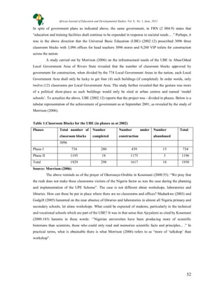 52
In spite of government plans as indicated above, the same government, in FRN (2 004:9) states that
“education and training facilities shall continue to be expanded in response to societal needs... .” Perhaps, it
was in the above direction that the Universal Basic Education (UBE) (2002:12) prescribed 3096 three
classroom blocks with 3,096 offices for head teachers 3096 stores and 9,288 VIP toilets for construction
across the nation.
A study carried out by Morrison (2006) on the infrastructural needs of the UBE in Abua/Odual
Local Government Area of Rivers State revealed that the number of classroom blocks approved by
government for construction, when divided by the 774 Local Government Areas in the nation, each Local
Government Area shall only be lucky to get four (4) such buildings (if completed). In order words, only
twelve (12) classrooms per Local Government Area. The study further revealed that the gesture was more
of a political show-piece as such buildings would only be sited at urban centres and named ‘model
schools’. To actualize the above, UBE (2002:12) reports that the project was - divided in phases. Below is a
tabular representation of the achievement of government as at September 2001, as revealed by the study of
Morrison (2006).
Table 1:Classroom Blocks for the UBE (in phases as at 2002)
Phases Total number of
classroom blocks
Number
completed
Number under
construction
Number
abandoned
Total
3096
Phase I 734 280 439 15 734
Phase II 1195 18 1175 3 1196
Total 1929 298 1617 18 1930
Source: Morrison (2006)
The above reminds us of the prayer of Okorosaye-Orubite in Kosemani (2000:55): “We pray that
the rush does not make these classrooms victims of the Nigeria factor as was the case during the planning
and implementation of the UPE Scheme”. The case is not different about workshops, laboratories and
libraries. How can these be put in place where there are no classrooms and offices? Maduekwe (2003) and
Godgift (2005) lamented on the near absence of libraries and laboratories in almost all Nigeria primary and
secondary schools, let alone workshops. What could be expected of students, particularly in the technical
and vocational schools which are part of the UBE? It was in that sense that Ajeyalemi as cited by Kosemani
(2000:143) laments in these words: ‘’Nigerian universities have been producing more of scientific
historians than scientists, those who could only read and memorize scientific facts and principles... .” In
practical terms, what is obtainable there is what Morrison (2006) refers to as “more of ‘talkshop’ than
workshop”.
African Journal of Education and Developmental Studies. Vol. 9., No. 1, June, 2012
 