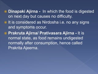  Dinapaki Ajirna - In which the food is digested
on next day but causes no difficulty.
 It is considered as Nirdosha i.e. no any signs
and symptoms occur.
 Prakruta Ajirna/ Prativasara Ajirna - It is
normal state, as food remains undigested
normally after consumption, hence called
Prakrita Ajeerna.
 