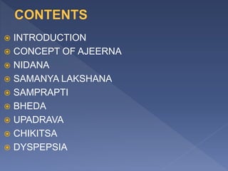  INTRODUCTION
 CONCEPT OF AJEERNA
 NIDANA
 SAMANYA LAKSHANA
 SAMPRAPTI
 BHEDA
 UPADRAVA
 CHIKITSA
 DYSPEPSIA
 