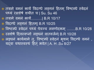  तत्रामे वमनं कायं ववदग्िे लङ्गनं हितम् ववष्टब्िे स्वेदनं
पथ्यं रसशेषे शयीत च | Su. Su 46
 तत्रामे वमनं कायं………| B.R 10/17
 ववदग्िे लङ्गनं हितम्| B.R 10/25
 ववष्टब्िे स्वेदनं पथ्यं पेयञ्च लवणोदकम् …….B.R 10/28
 रसशेषे हदवस्वप्नो लङ्घनं वातवजणनं| B.R 10/28
 लङ्घनं कायणमामे तु, ववष्टब्िे स्वेदनं भृशम् ववदग्िे वमनं ,
यद्वा यथास्वस्थं हित ्ं भवेत | A. H .Su 8/27
 