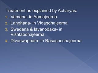 Treatment as explained by Acharyas:
1. Vamana- in Aamajeerna
2. Langhana- in Vidagdhajeerna
3. Swedana & lavanodaka- in
Vishtabdhajeerna
4. Divaswapnam- in Rasasheshajeerna
 