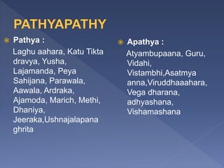  Pathya :
Laghu aahara, Katu Tikta
dravya, Yusha,
Lajamanda, Peya
Sahijana, Parawala,
Aawala, Ardraka,
Ajamoda, Marich, Methi,
Dhaniya,
Jeeraka,Ushnajalapana
ghrita
 Apathya :
Atyambupaana, Guru,
Vidahi,
Vistambhi,Asatmya
anna,Viruddhaaahara,
Vega dharana,
adhyashana,
Vishamashana
 