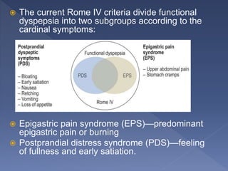  The current Rome IV criteria divide functional
dyspepsia into two subgroups according to the
cardinal symptoms:
 Epigastric pain syndrome (EPS)—predominant
epigastric pain or burning
 Postprandial distress syndrome (PDS)—feeling
of fullness and early satiation.
 