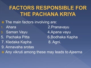  The main factors involving are:
1. Ahara 2.Pranavayu
3. Saman Vayu 4.Apana vayu
5. Pachaka Pitta 6.Bodhaka Kapha
7. Kledaka Kapha 8. Agni.
9. Annavaha srotas
 Any vikruti among these may leads to Ajeerna
 