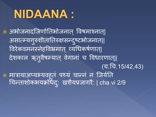  अभोजनादजजणाणततभोजनात ् ववषमाश्नात ्|
असात््यगुरुशीताततरुक्षसन्दुष्टभोजनात||
ववरेकवमनस्नेिववभ्रमात ् व्यधिकषणणात ्|
देशकाल ऋतुवैष्यात ् वेगानां च वविारणात ्||
(च.धच.15/42,43)
 मात्रायाअप्यभ्यवि ॢतं पथ्यं चान्नं न जजयणतत
धचन्ताशोकभयक्रोिदु: खशैयप्रजागरै: | cha vi 2/9
 