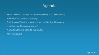 3
Agenda
• What’s new in Docker 1.12 Swarm Mode? – A Quick Recap
• Evolution of Service Discovery
• Definition of Service – An Approach to Service Discovery
• How Service Discovery works?
• A Quick Demo of Service Discovery
• Key Takeaways
 