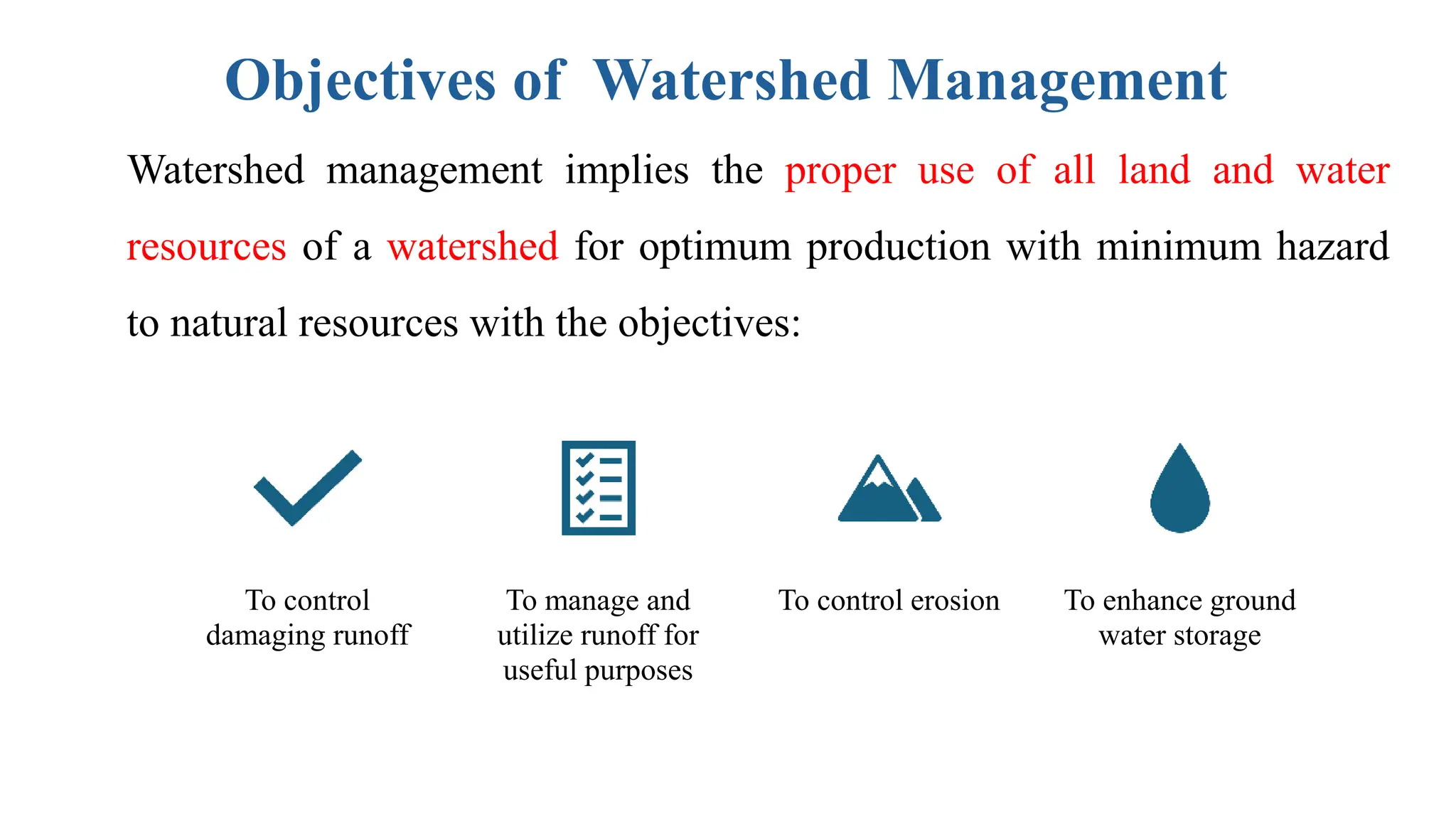 To control
damaging runoff
To manage and
utilize runoff for
useful purposes
To control erosion To enhance ground
water storage
Objectives of Watershed Management
Watershed management implies the proper use of all land and water
resources of a watershed for optimum production with minimum hazard
to natural resources with the objectives:
 