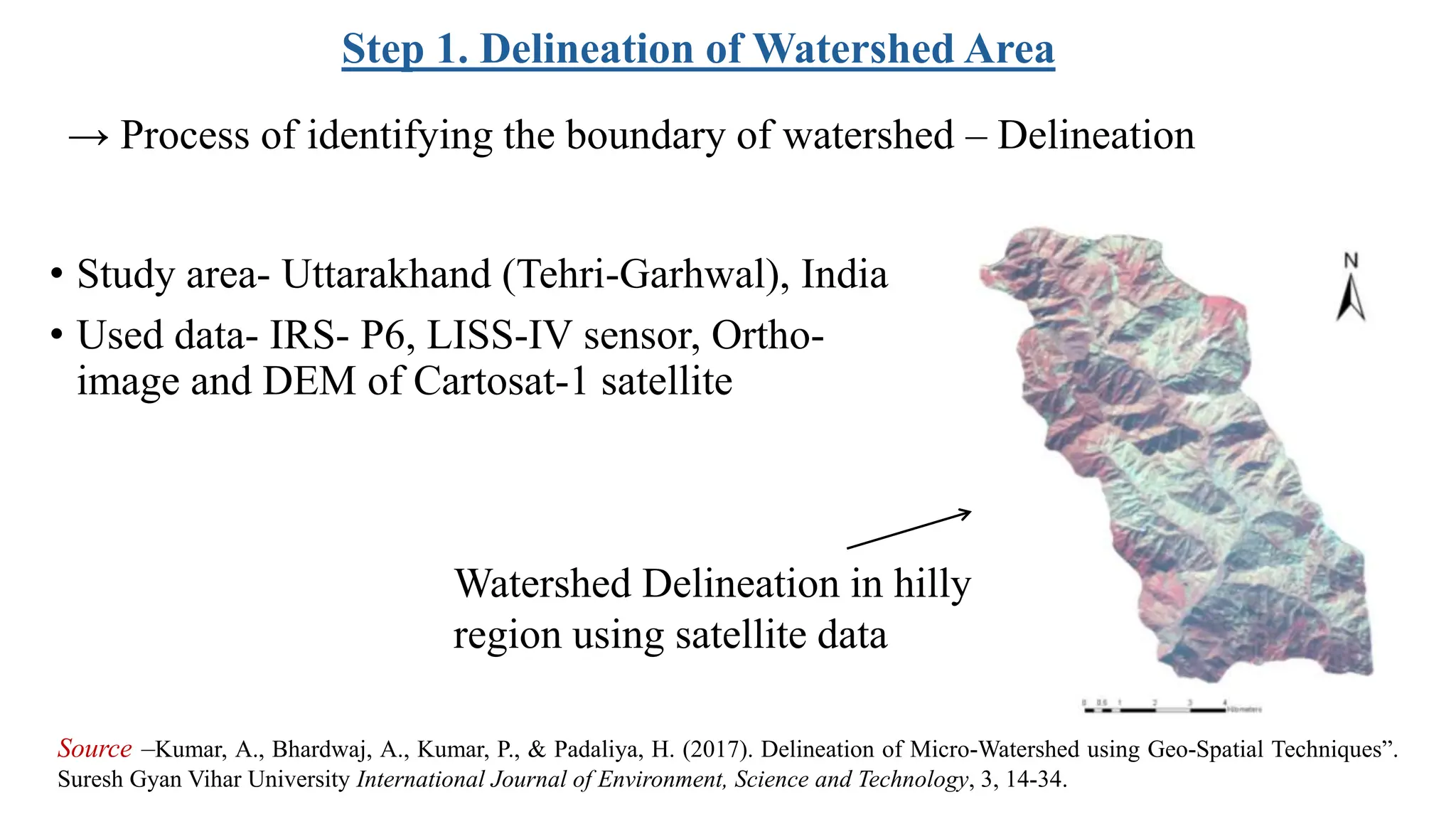 Step 1. Delineation of Watershed Area
• Study area- Uttarakhand (Tehri-Garhwal), India
• Used data- IRS- P6, LISS-IV sensor, Ortho-
image and DEM of Cartosat-1 satellite
Watershed Delineation in hilly
region using satellite data
Source –Kumar, A., Bhardwaj, A., Kumar, P., & Padaliya, H. (2017). Delineation of Micro-Watershed using Geo-Spatial Techniques”.
Suresh Gyan Vihar University International Journal of Environment, Science and Technology, 3, 14-34.
→ Process of identifying the boundary of watershed – Delineation
 