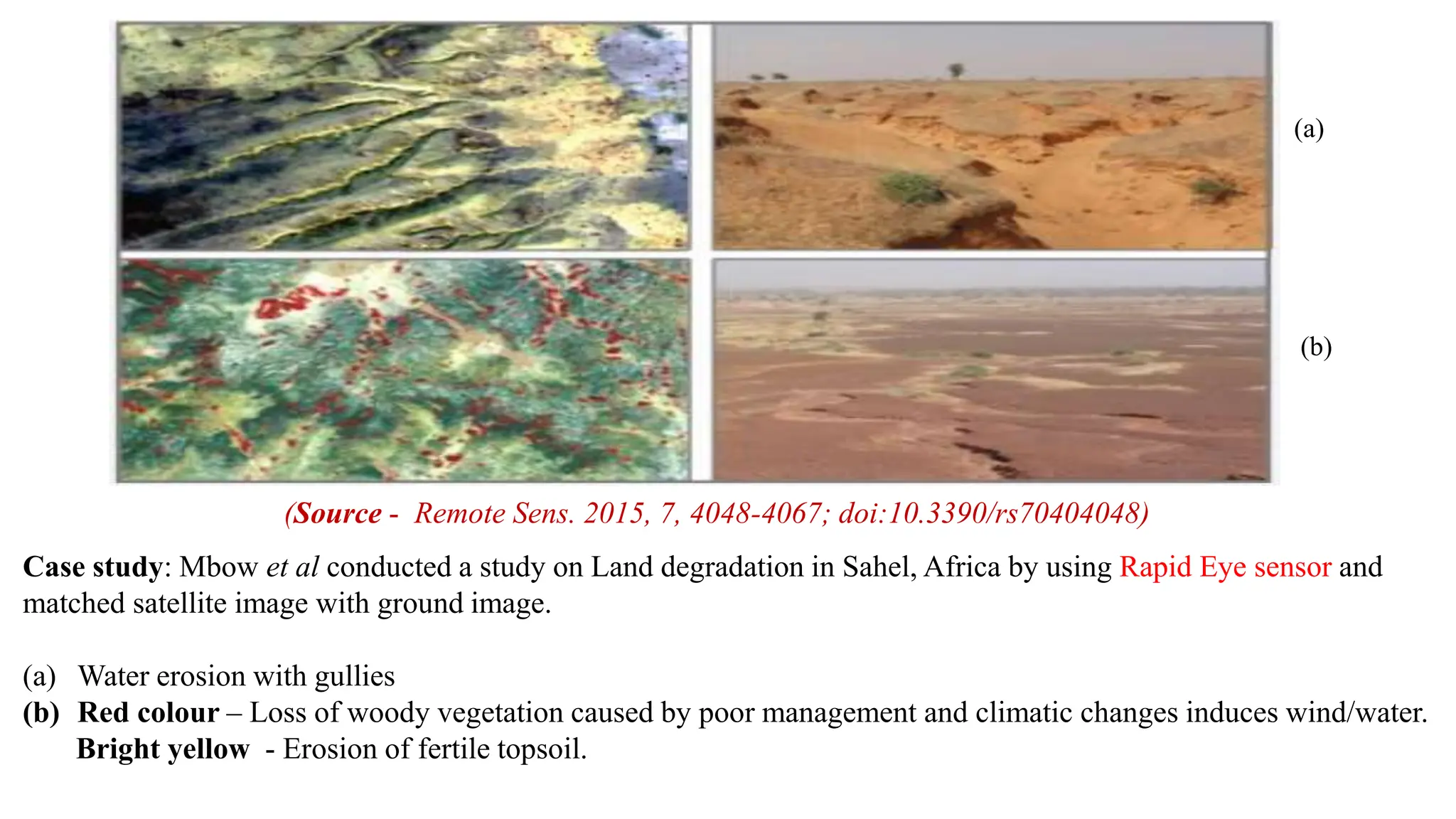(Source - Remote Sens. 2015, 7, 4048-4067; doi:10.3390/rs70404048)
(a)
(b)
Case study: Mbow et al conducted a study on Land degradation in Sahel, Africa by using Rapid Eye sensor and
matched satellite image with ground image.
(a) Water erosion with gullies
(b) Red colour – Loss of woody vegetation caused by poor management and climatic changes induces wind/water.
Bright yellow - Erosion of fertile topsoil.
 