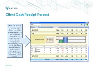 Client Cash Receipt Forcast

 The Cash Receipt
    Forecast also
  shows you when
 you can expect to
    see revenues
     from WIP. It
    estimates how
     many days it
 generally take you
   to bill the client
   and references
     that with the
  estimated days it
  takes your client
        to pay
 