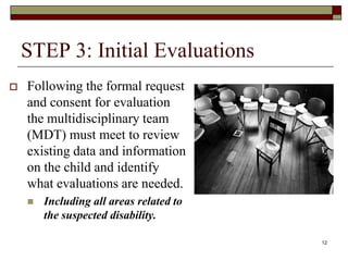 STEP 3: Initial Evaluations
 Following the formal request
and consent for evaluation
the multidisciplinary team
(MDT) must meet to review
existing data and information
on the child and identify
what evaluations are needed.
 Including all areas related to
the suspected disability.
12
 