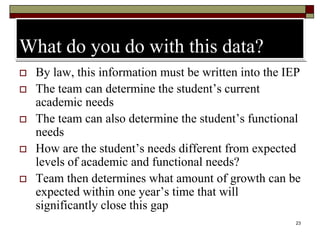 23
What do you do with this data?
 By law, this information must be written into the IEP
 The team can determine the student’s current
academic needs
 The team can also determine the student’s functional
needs
 How are the student’s needs different from expected
levels of academic and functional needs?
 Team then determines what amount of growth can be
expected within one year’s time that will
significantly close this gap
 