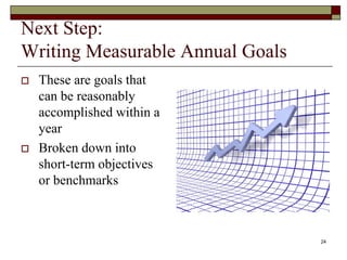 24
Next Step:
Writing Measurable Annual Goals
 These are goals that
can be reasonably
accomplished within a
year
 Broken down into
short-term objectives
or benchmarks
 